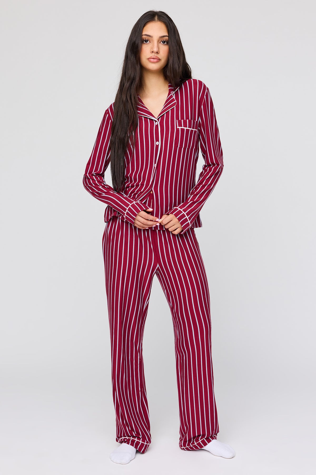 Long Sleeve Button-Up Top & Pant Pajama Set - Dark Red