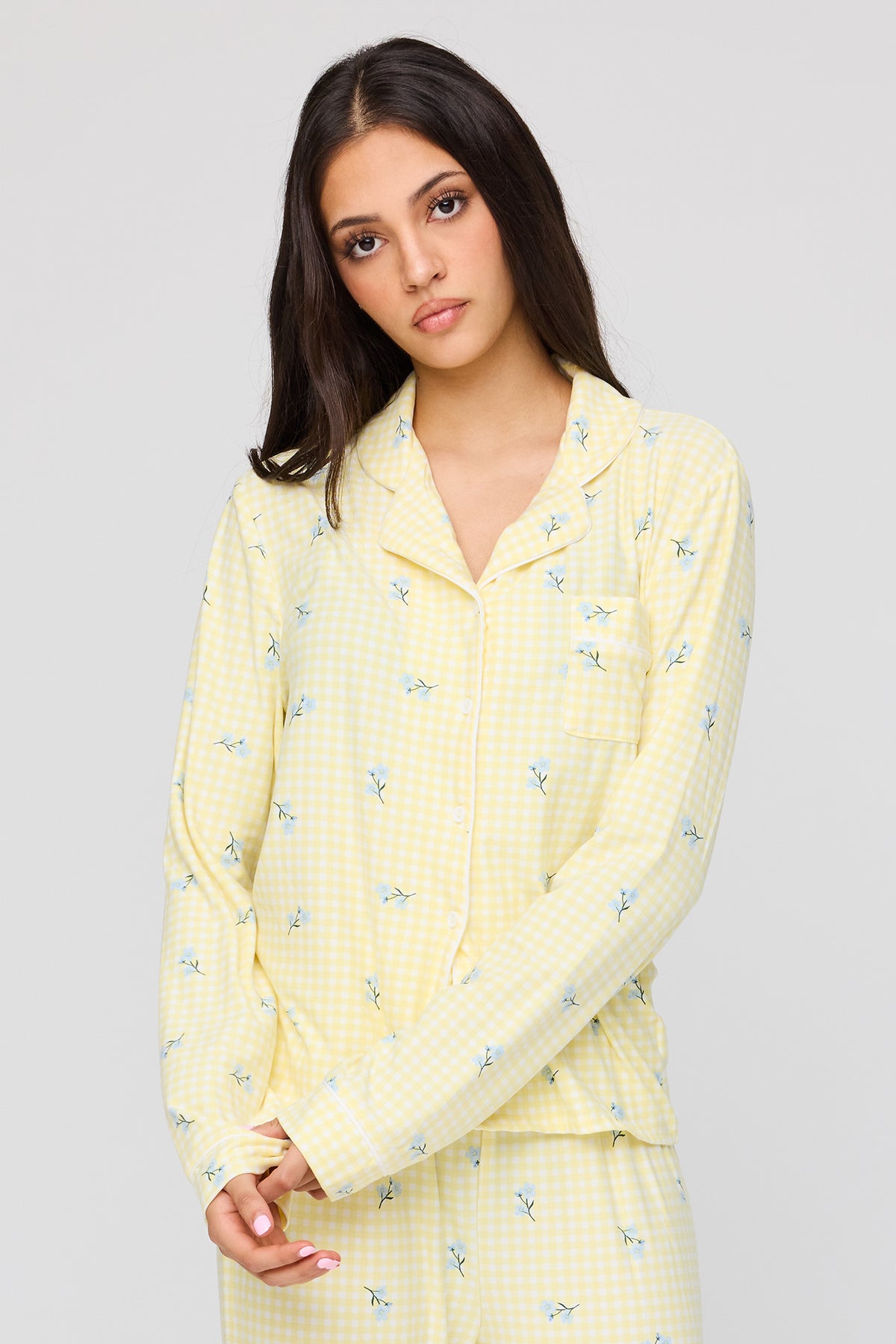 Alt View 2. Long Sleeve Button-Up Top & Pant Pajama Set - Yellow