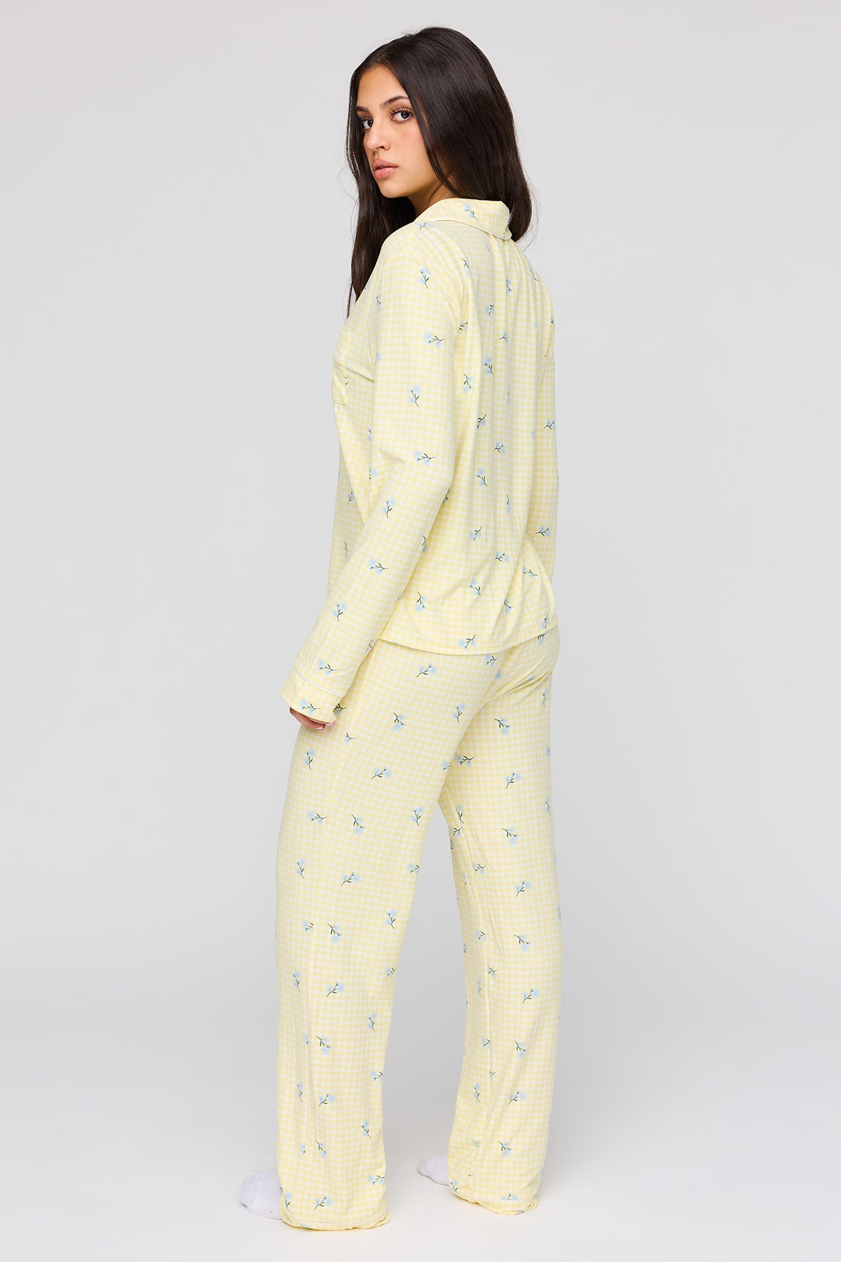 Alt View 4. Long Sleeve Button-Up Top & Pant Pajama Set - Yellow