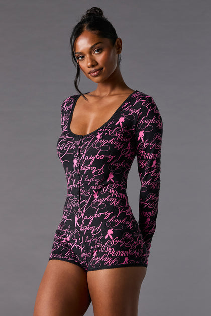 Playboy Print Lace Trim Pajama Romper