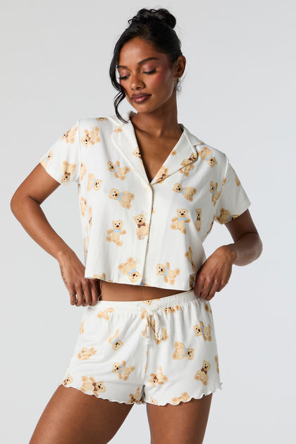 Printed Button-Up Top and Short 2 Piece Pajama Set