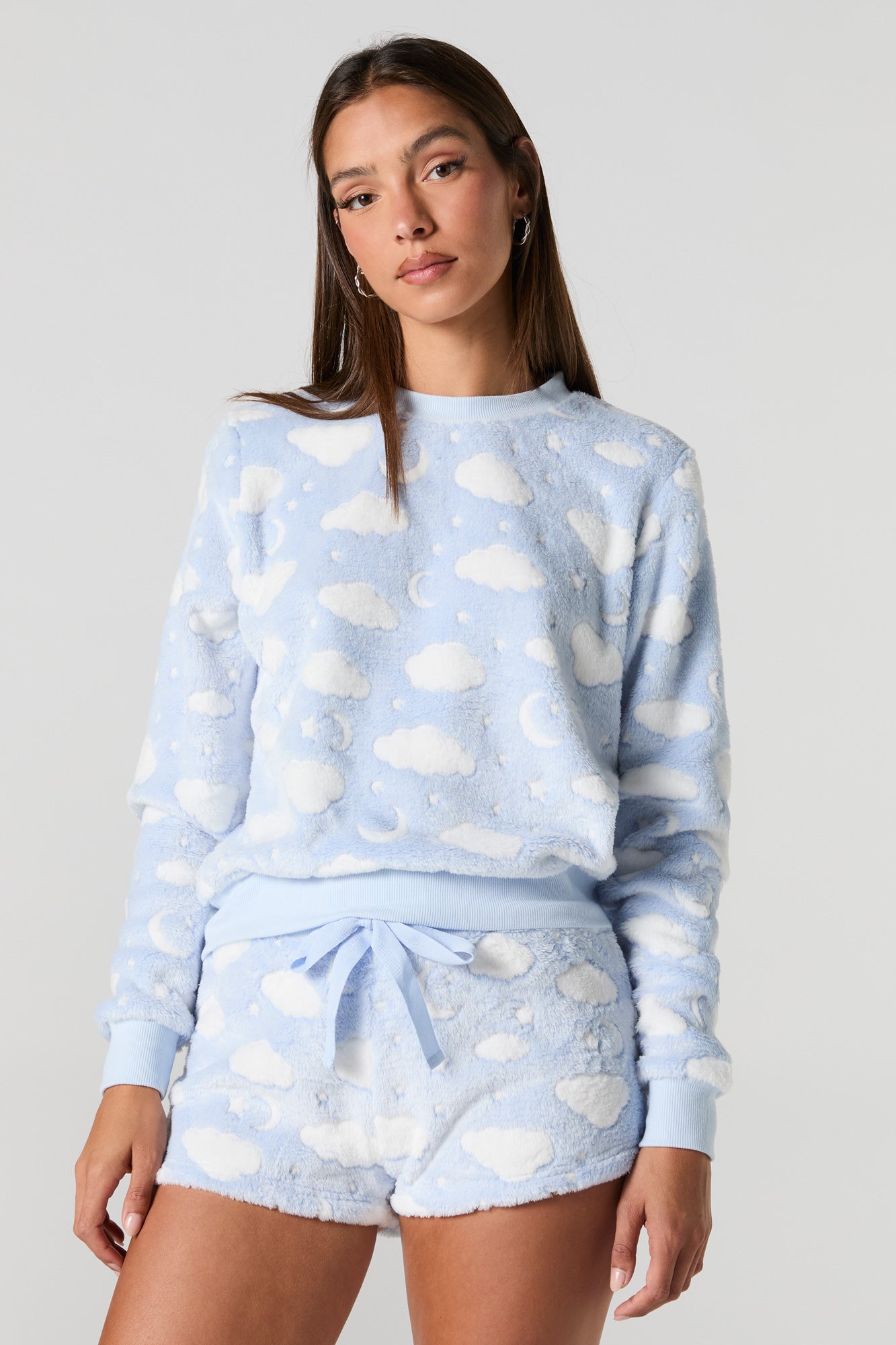 Printed Plush Long Sleeve Top and Short 2 Piece Pajama Set