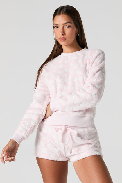 Printed Plush Long Sleeve Top and Short 2 Piece Pajama Set