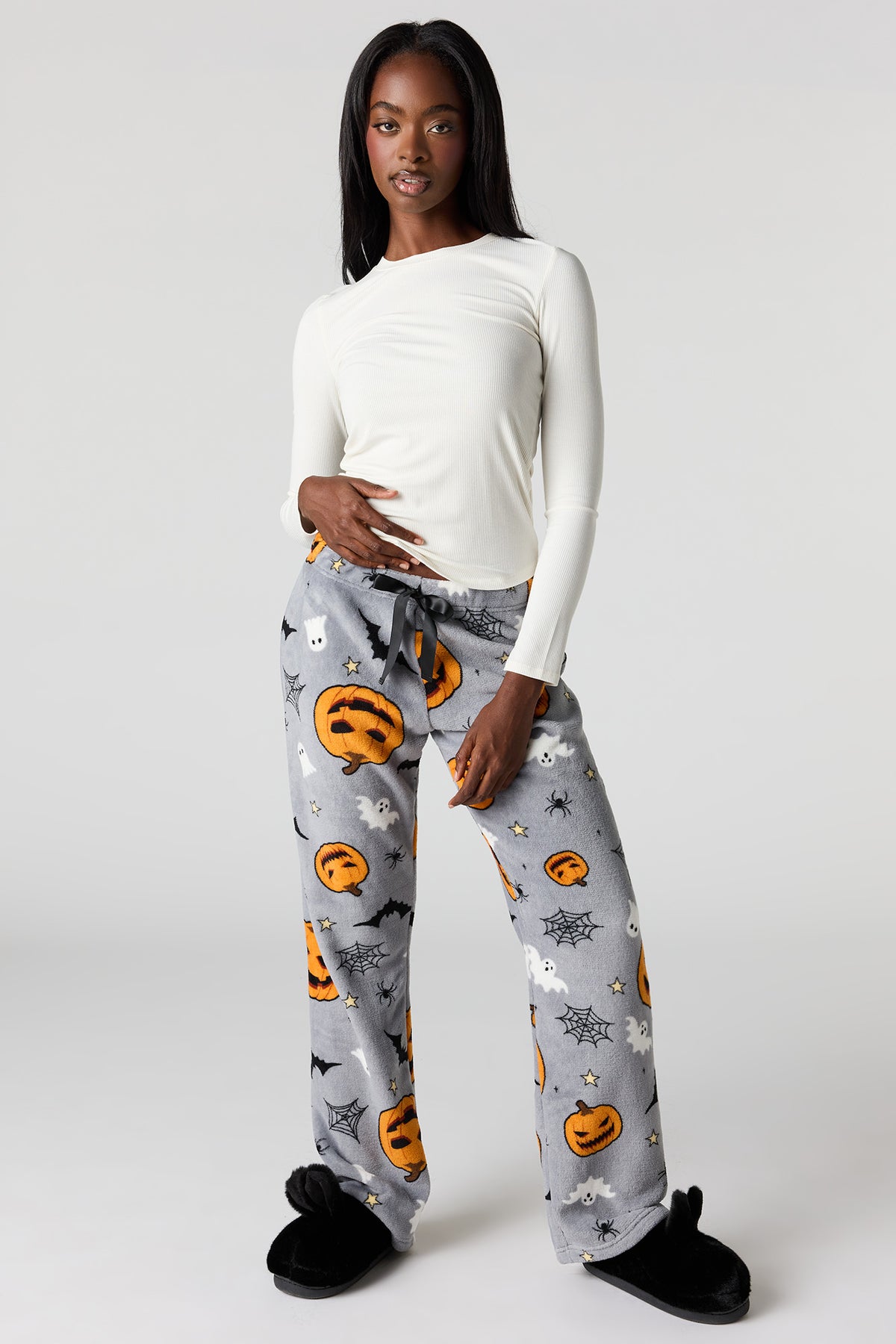 Halloween Print Plush Pajama Pant - Light Grey