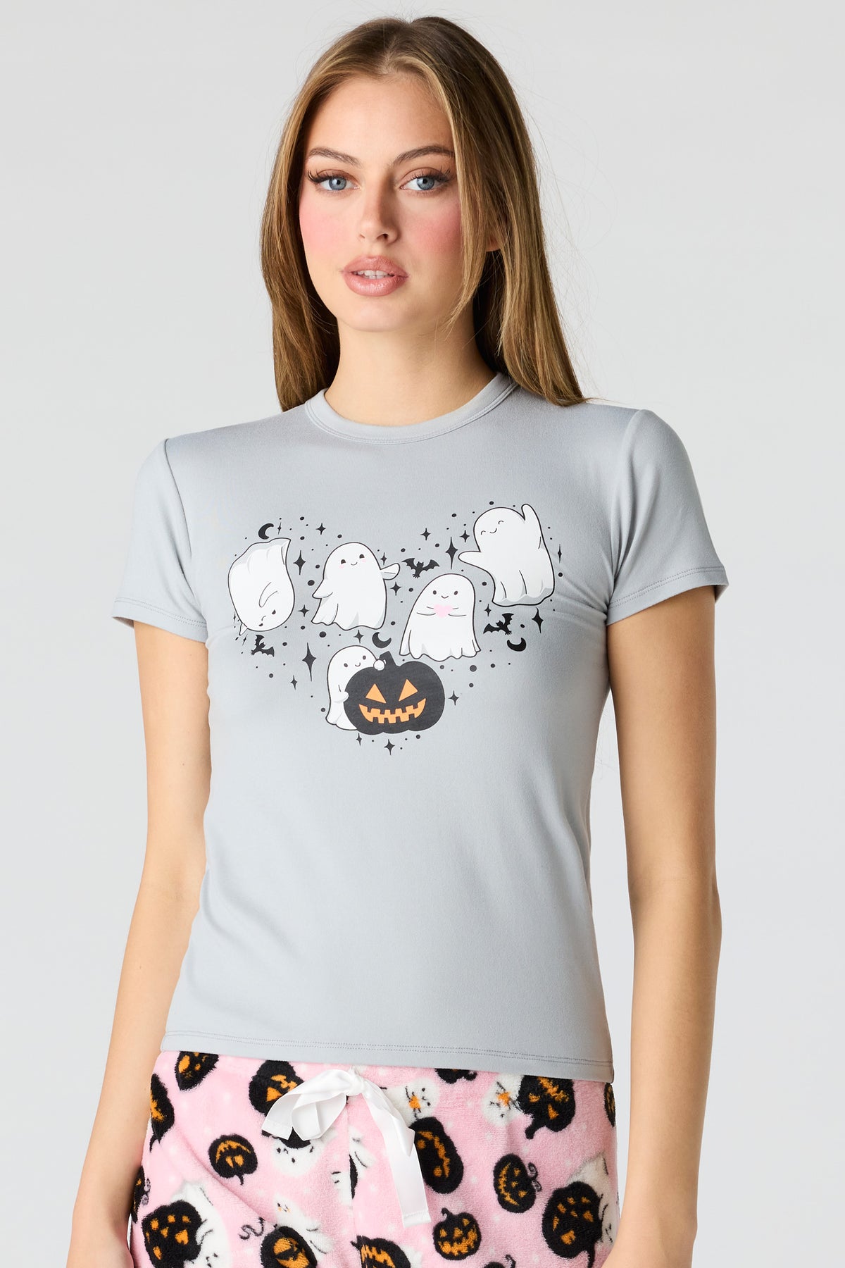 Alt View 2. Halloween Graphic T-Shirt & Plush Pant Pajama Set - Light Grey