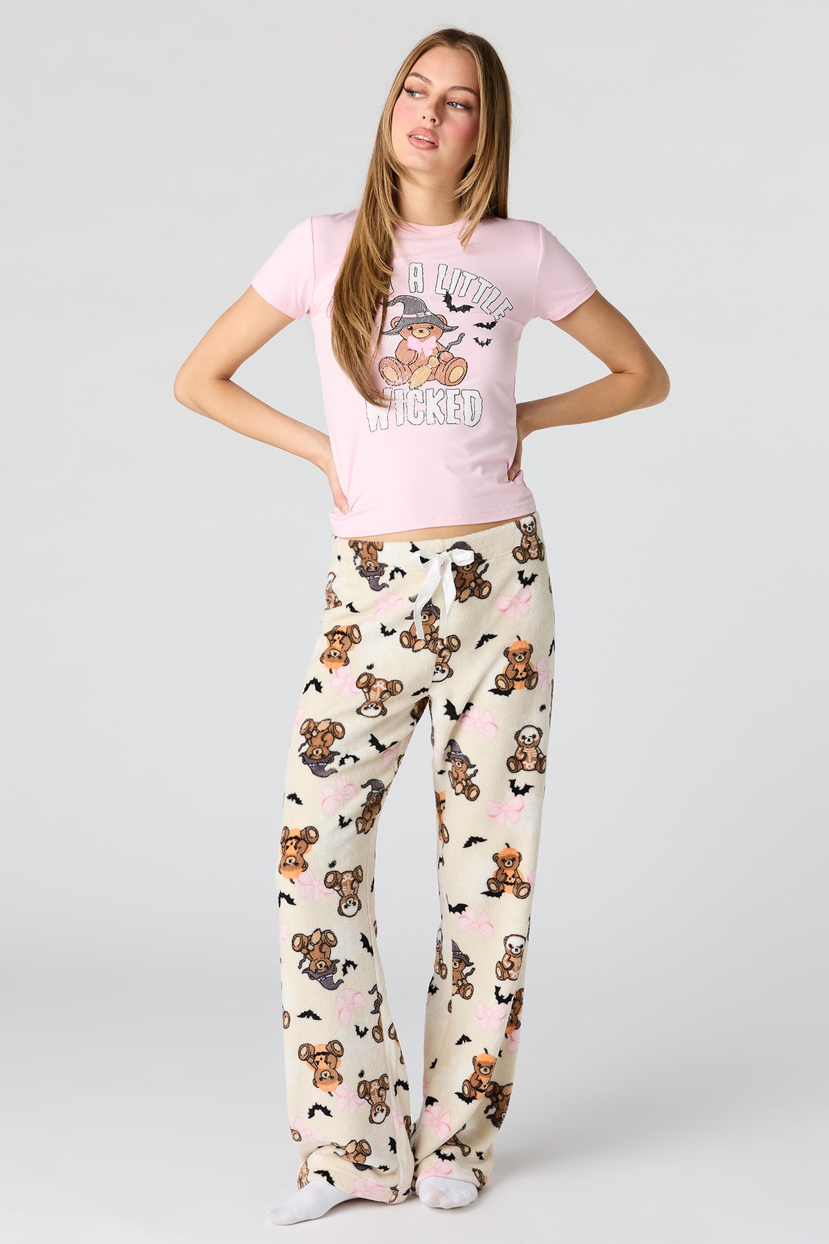 Halloween Graphic T-Shirt & Plush Pant Pajama Set - Light Pink