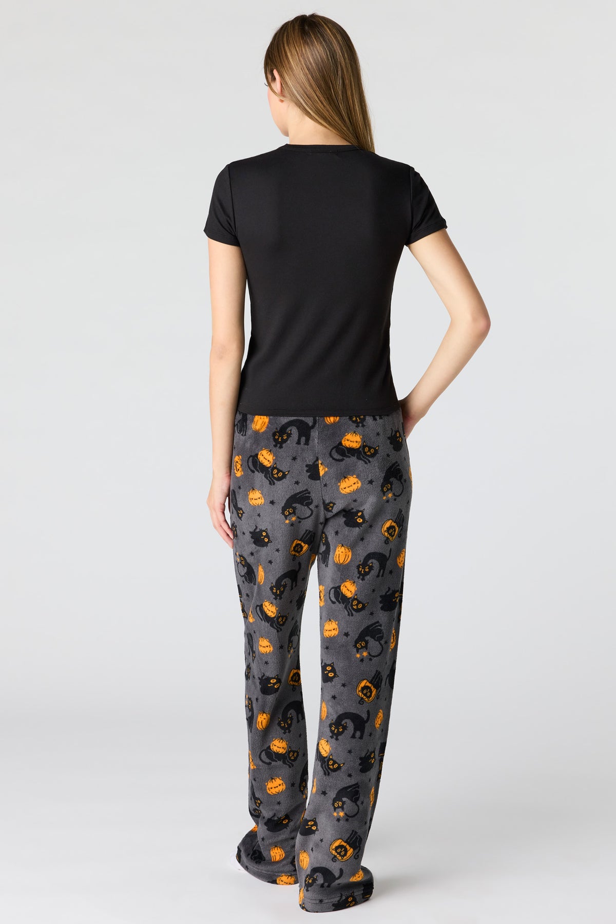 Alt View 4. Halloween Graphic T-Shirt & Plush Pant Pajama Set - Solid Black