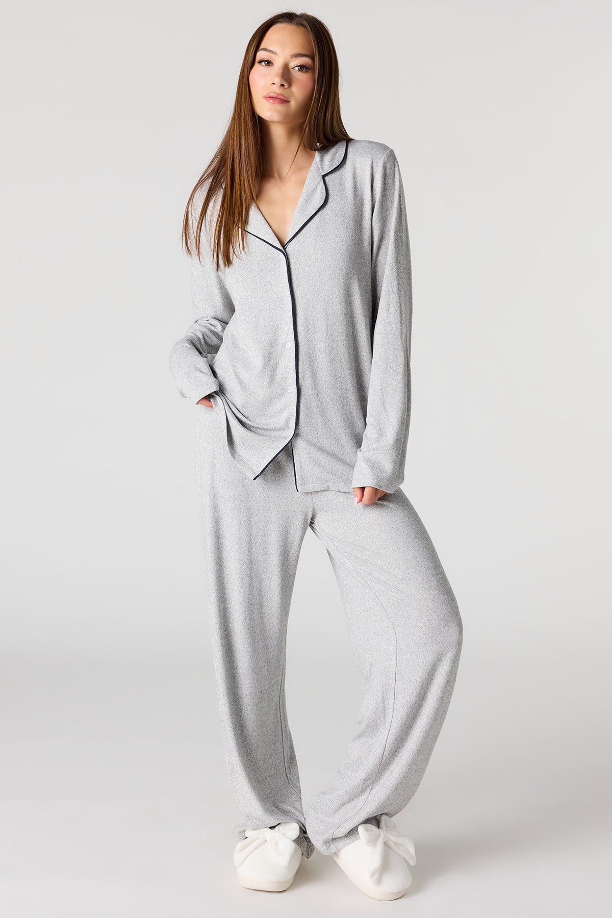 Button-Up Long Sleeve Top & Pant Pajama Set - Light Grey