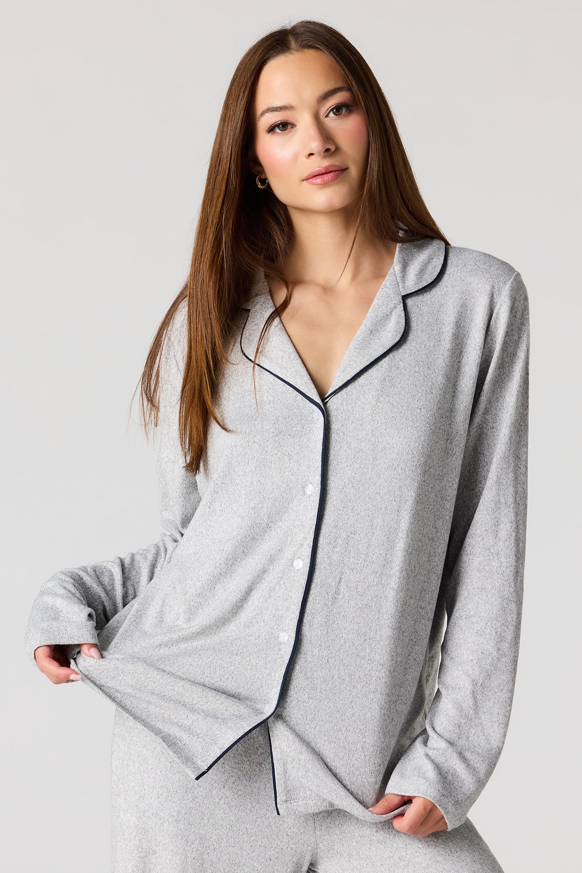 Alt View 2. Button-Up Long Sleeve Top & Pant Pajama Set - Light Grey