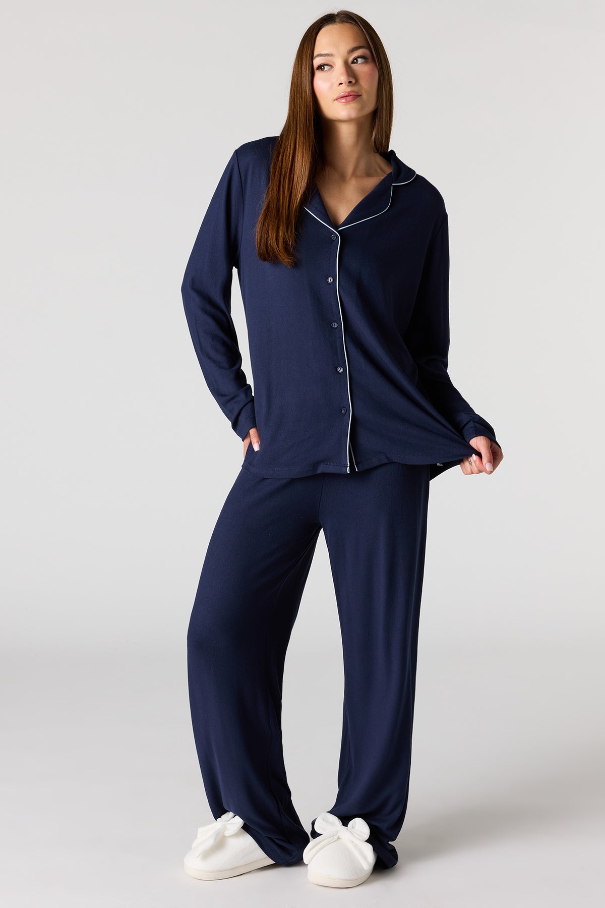 Button-Up Long Sleeve Top & Pant Pajama Set - Navy