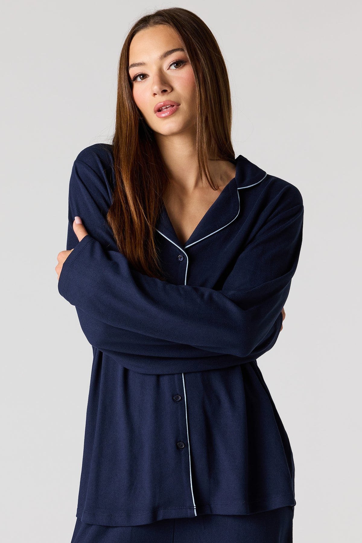 Alt View 2. Button-Up Long Sleeve Top & Pant Pajama Set - Navy