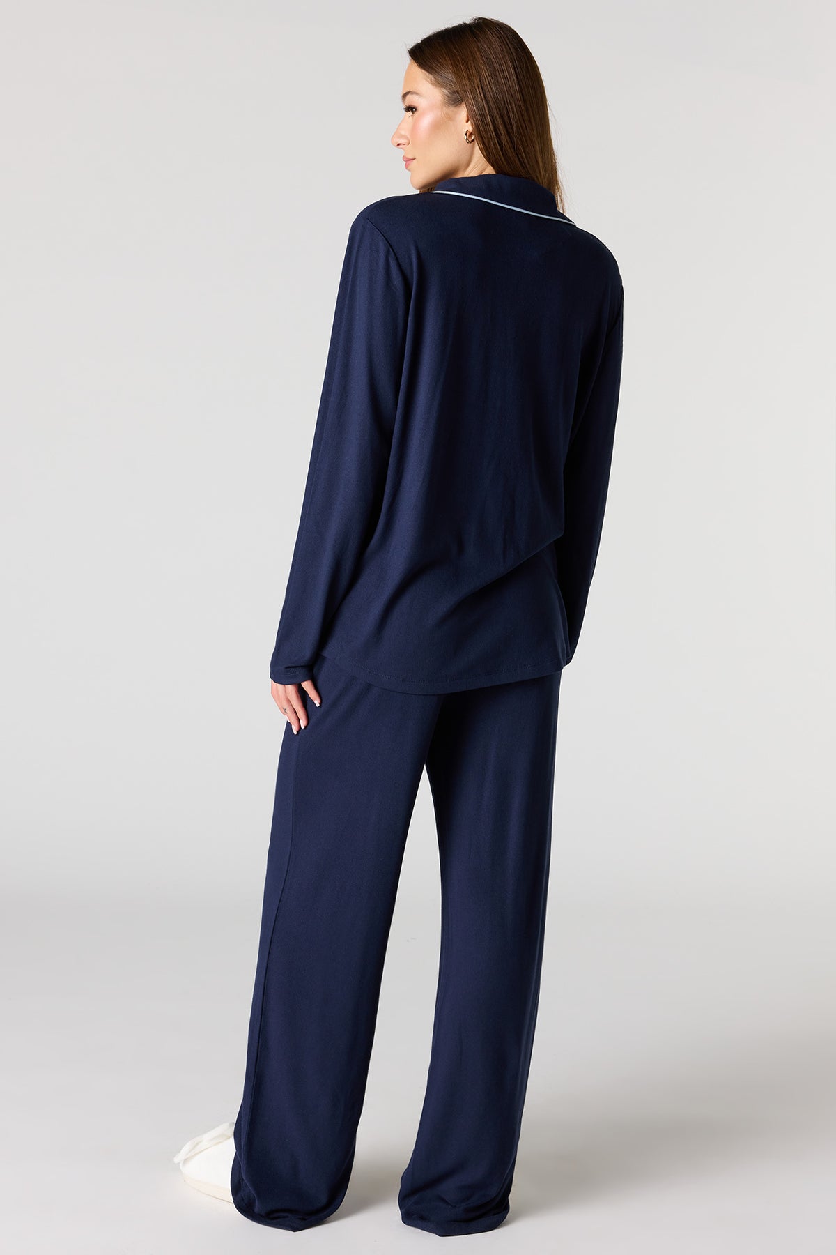 Alt View 4. Button-Up Long Sleeve Top & Pant Pajama Set - Navy