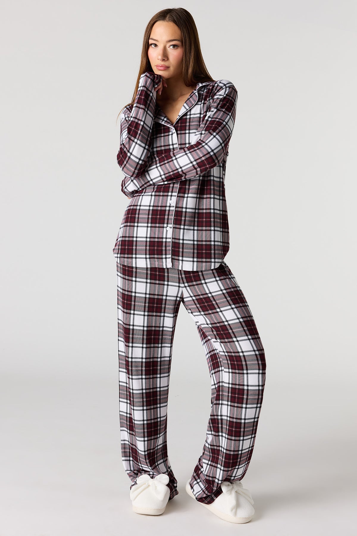 Button-Up Long Sleeve Top & Pant Pajama Set - Red