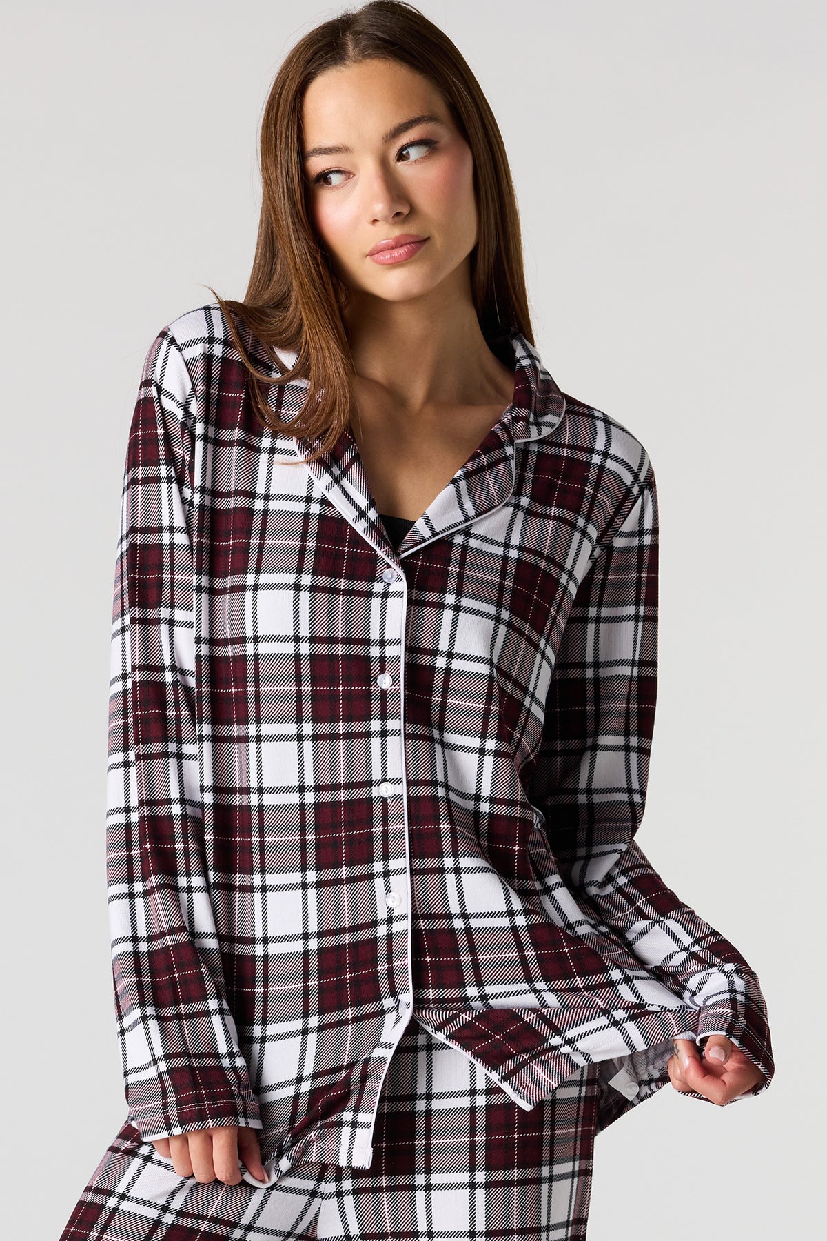Alt View 2. Button-Up Long Sleeve Top & Pant Pajama Set - Red