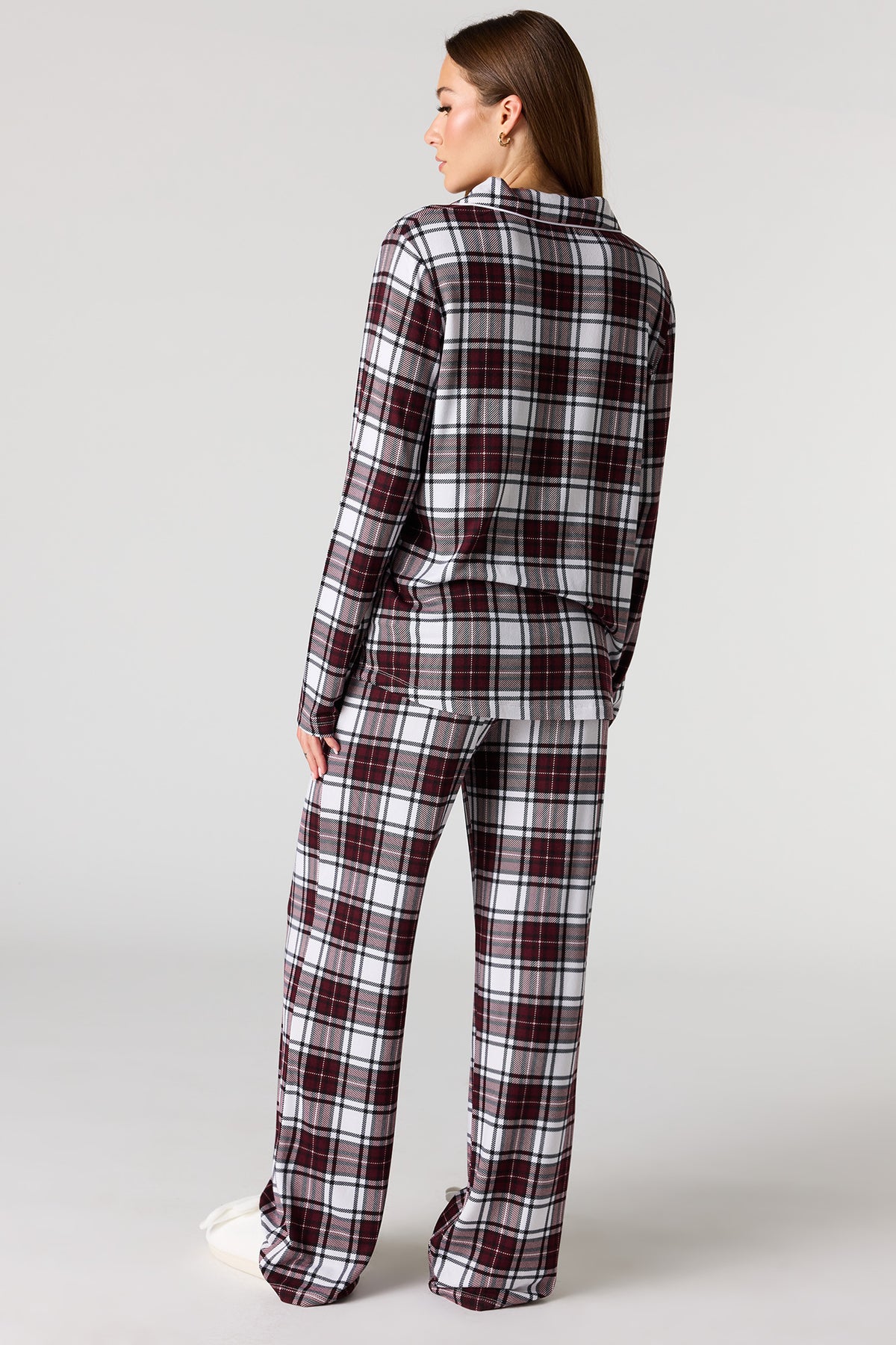 Alt View 4. Button-Up Long Sleeve Top & Pant Pajama Set - Red