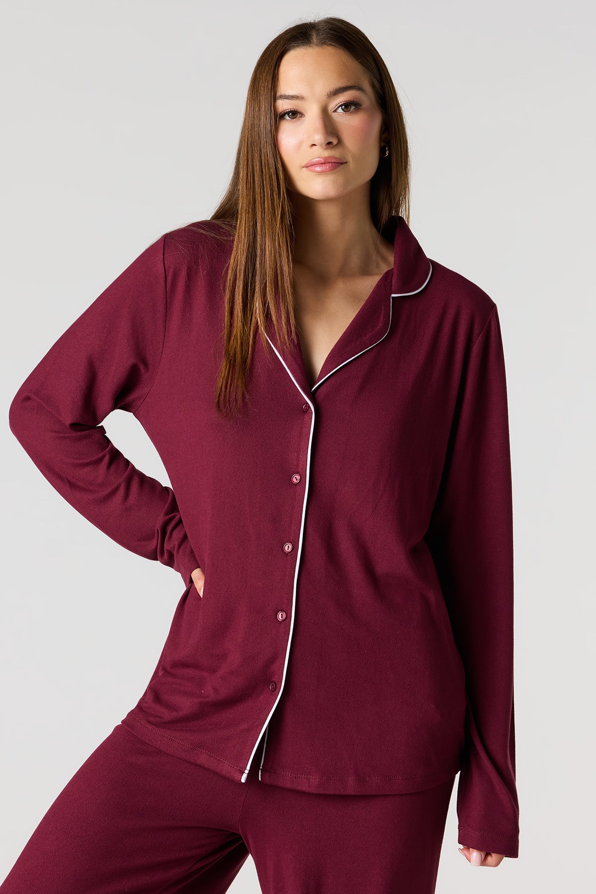 Alt View 2. Button-Up Long Sleeve Top & Pant Pajama Set - Burgundy