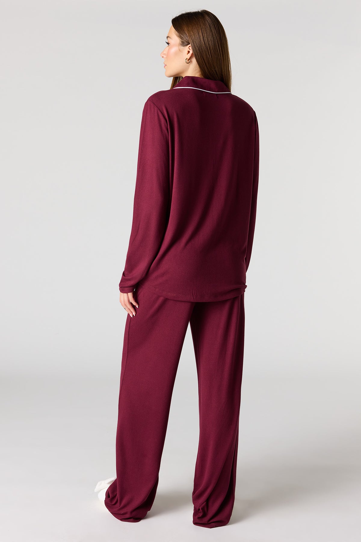 Alt View 4. Button-Up Long Sleeve Top & Pant Pajama Set - Burgundy