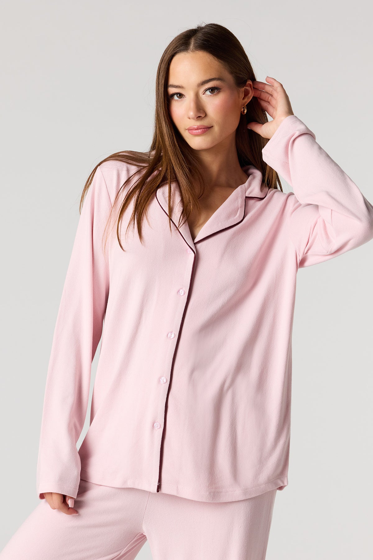 Alt View 2. Button-Up Long Sleeve Top & Pant Pajama Set - Light Pink