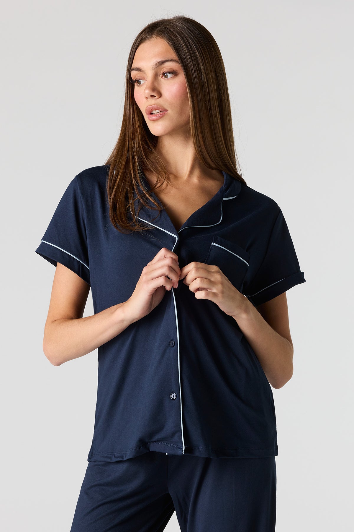 Alt View 2. Button-Up Top & Pant Pajama Set - Navy