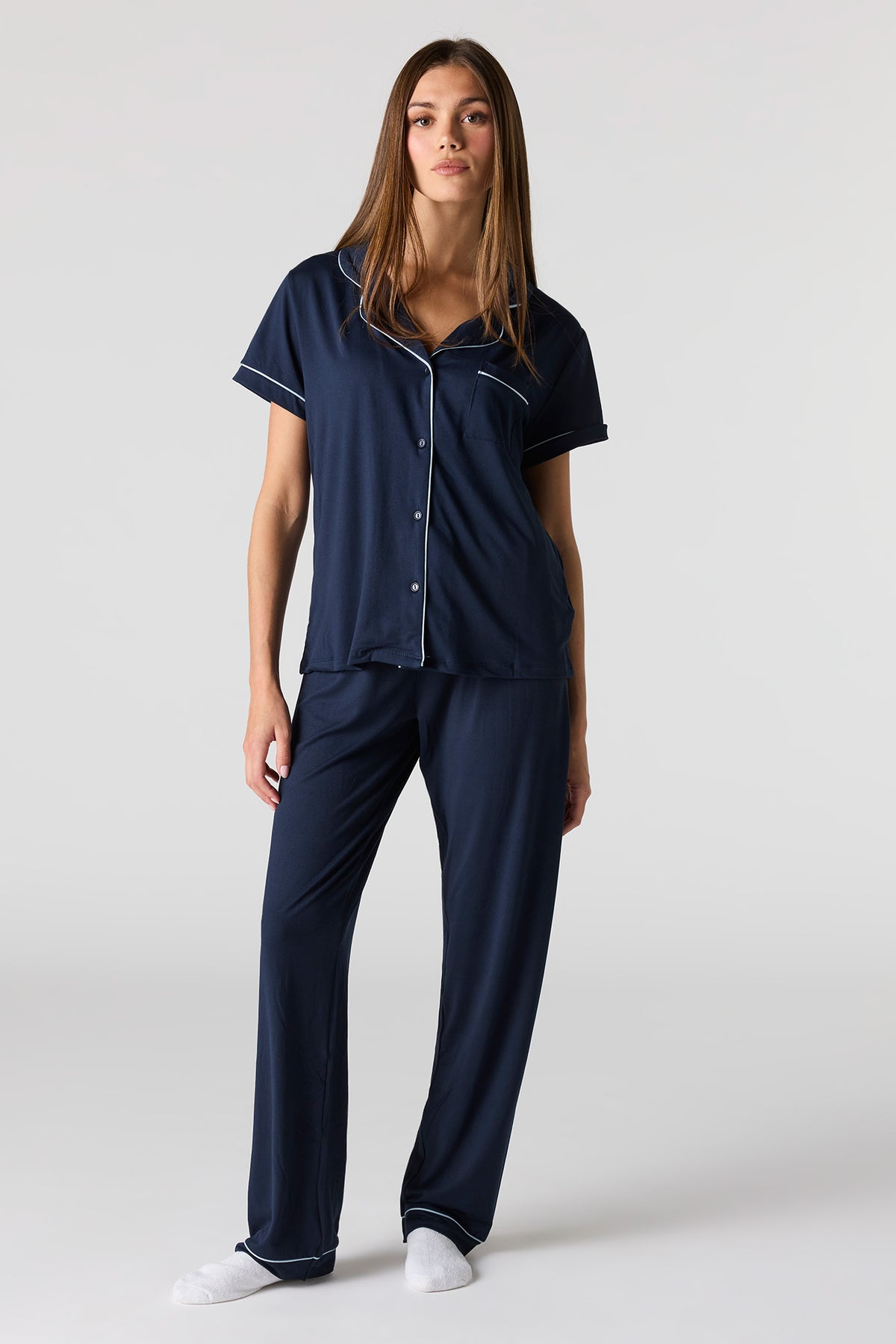 Button-Up Top & Pant Pajama Set - Navy