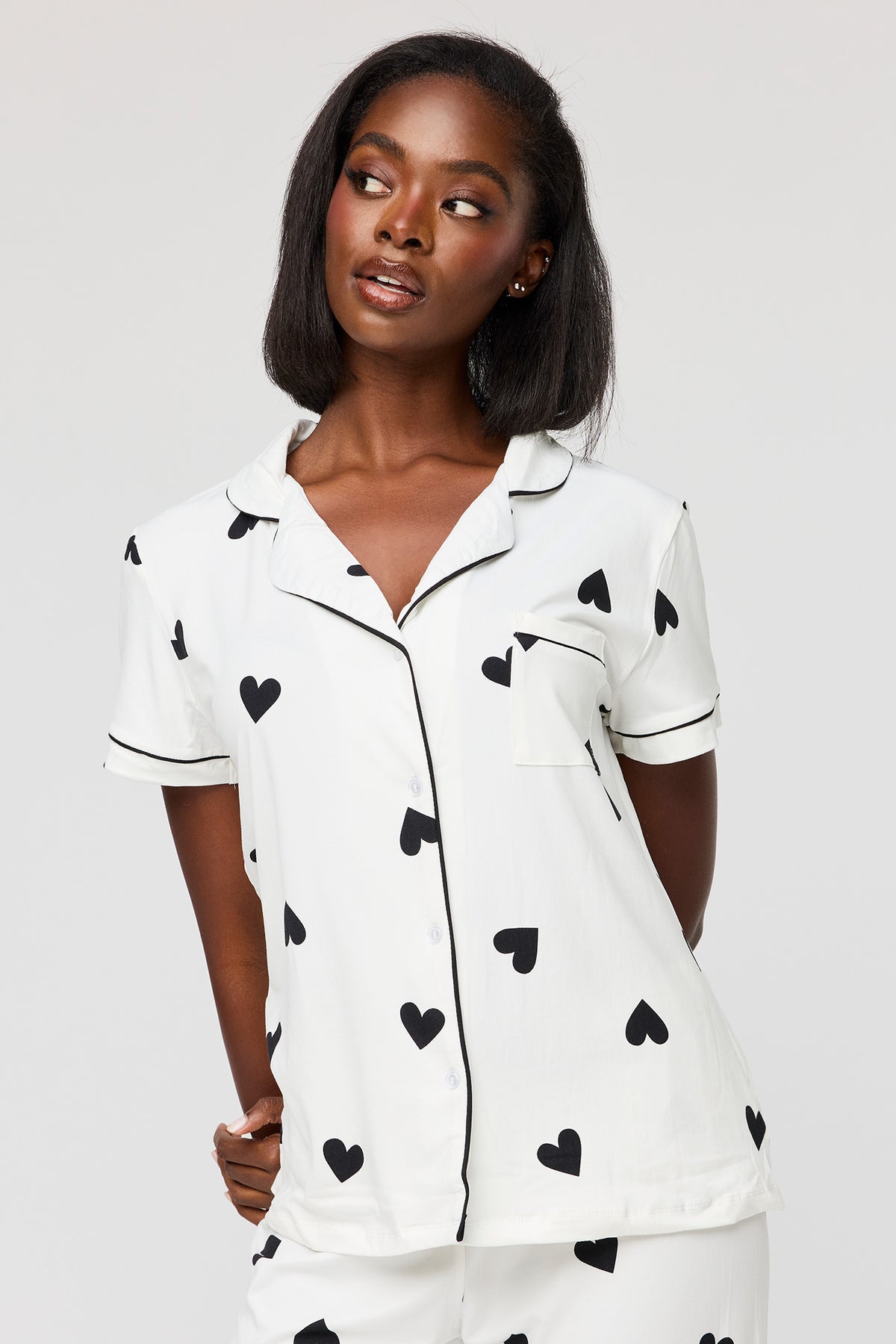 Alt View 2. Button-Up Top & Pant Pajama Set - Black with White