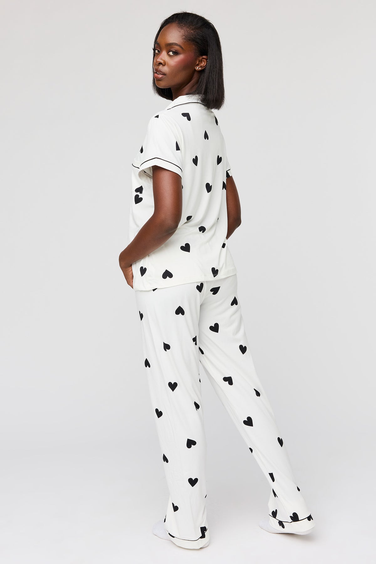 Alt View 4. Button-Up Top & Pant Pajama Set - Black with White