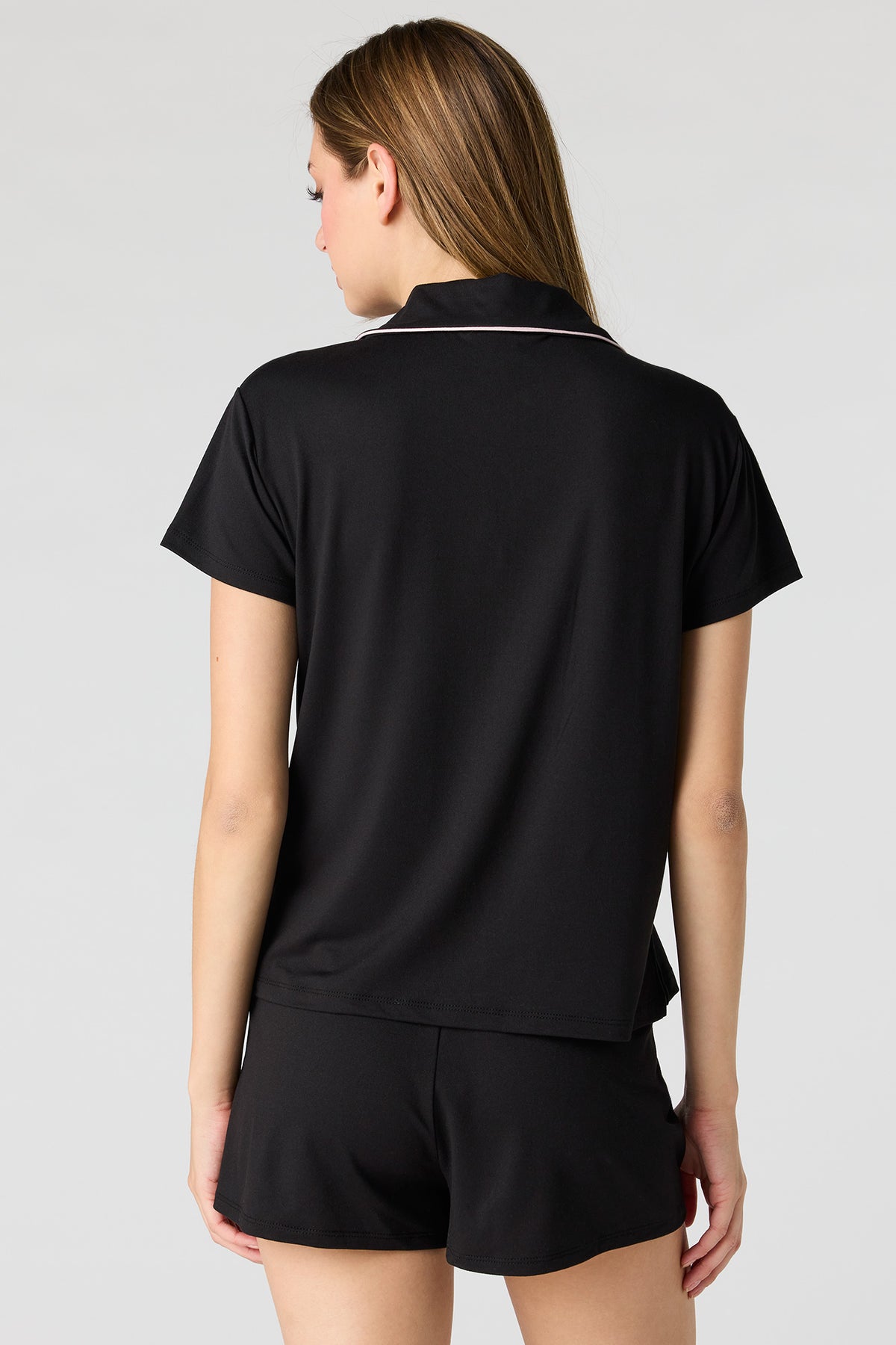 Alt View 2. Button-Up Top & Short Pajama Set - Black