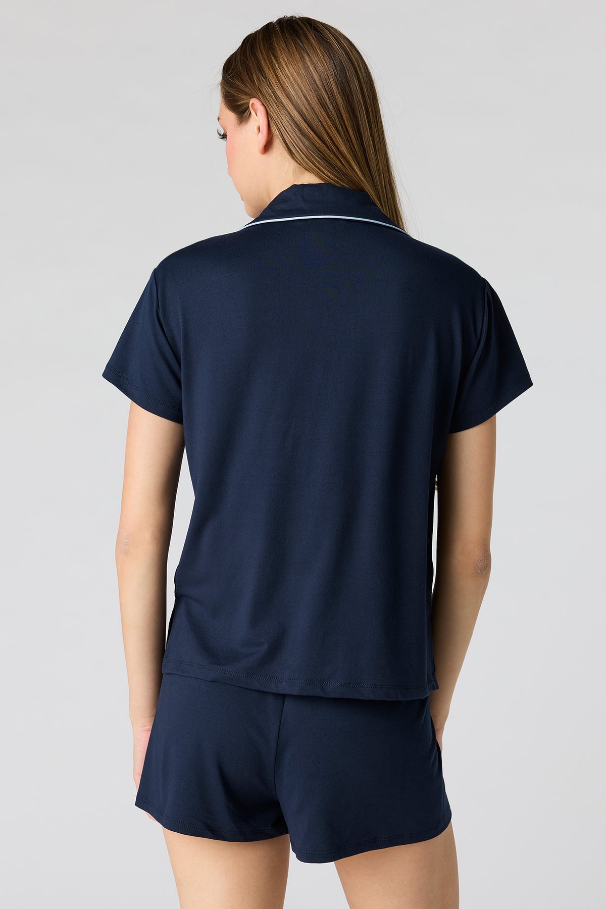 Alt View 2. Button-Up Top & Short Pajama Set - Navy