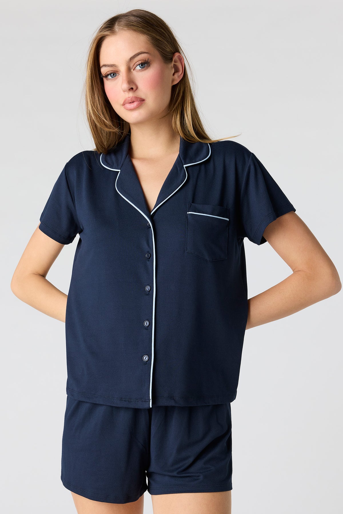 Button-Up Top & Short Pajama Set - Navy