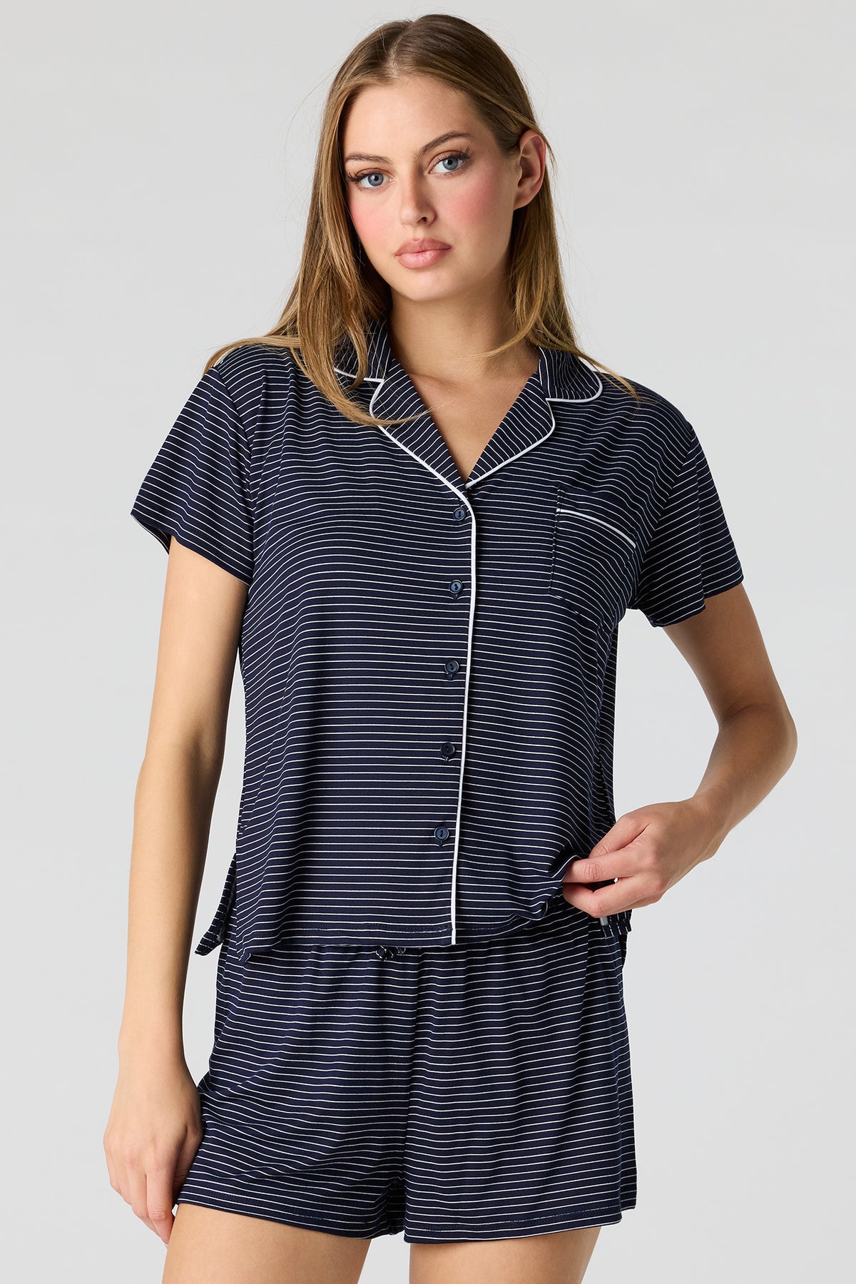 Button-Up Top & Short Pajama Set - Dark Blue
