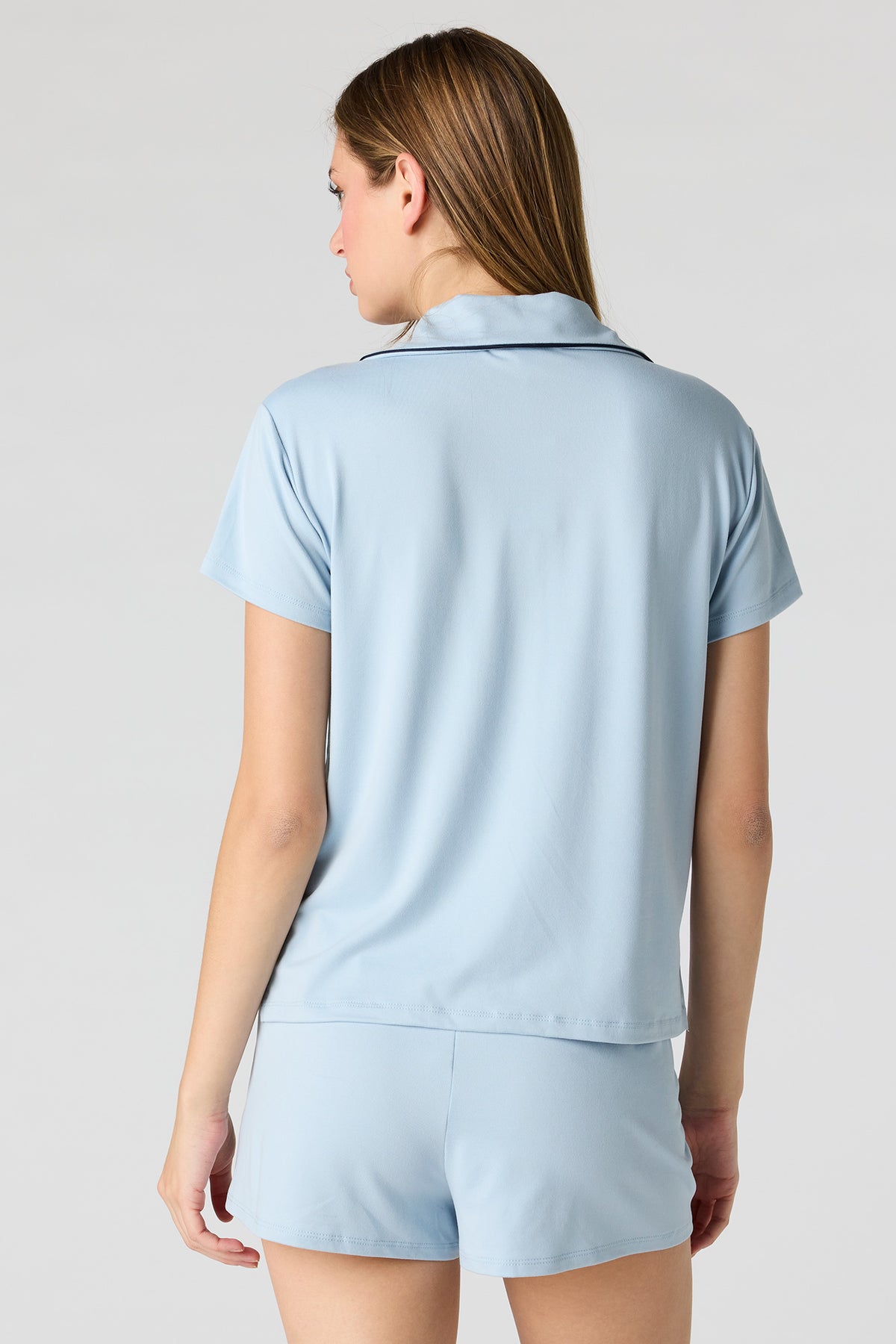 Alt View 2. Button-Up Top & Short Pajama Set - Light Blue