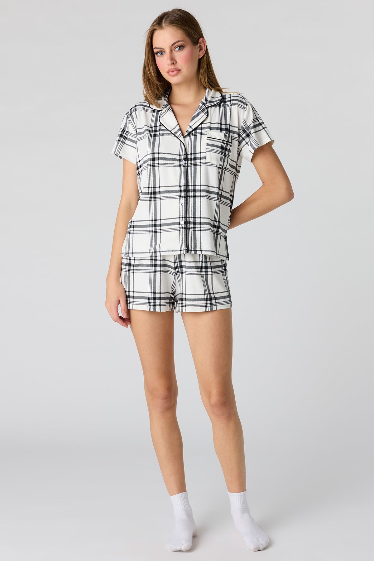 Alt View 3. Button-Up Top & Short Pajama Set - White