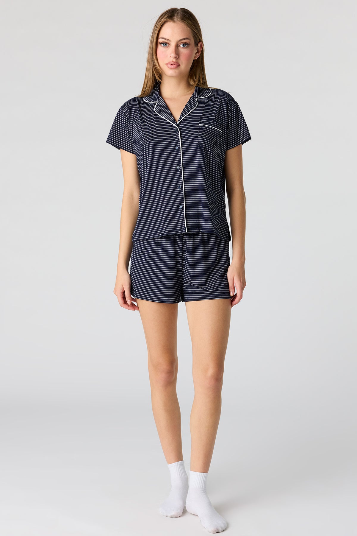 Alt View 3. Button-Up Top & Short Pajama Set - Dark Blue