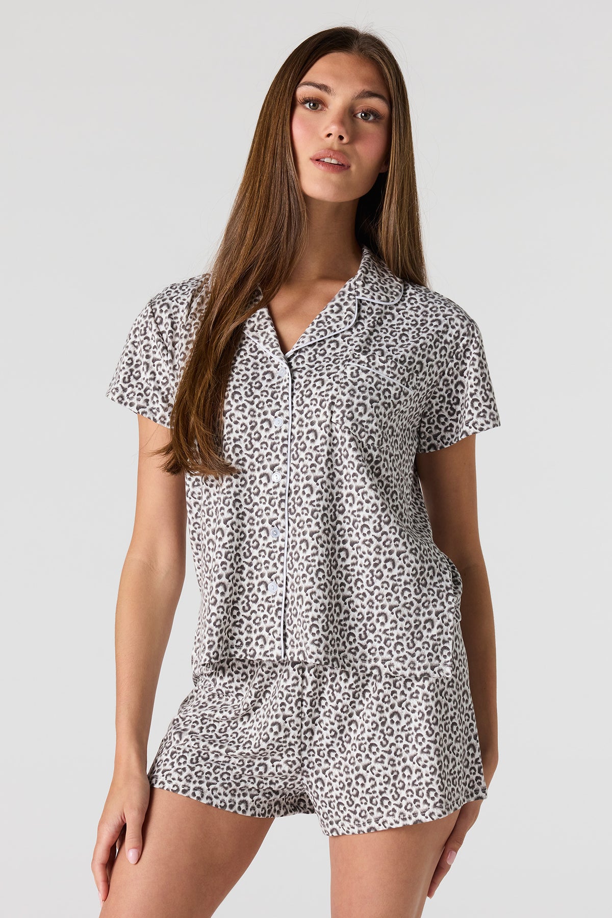 Button-Up Top & Short Pajama Set - Leopard