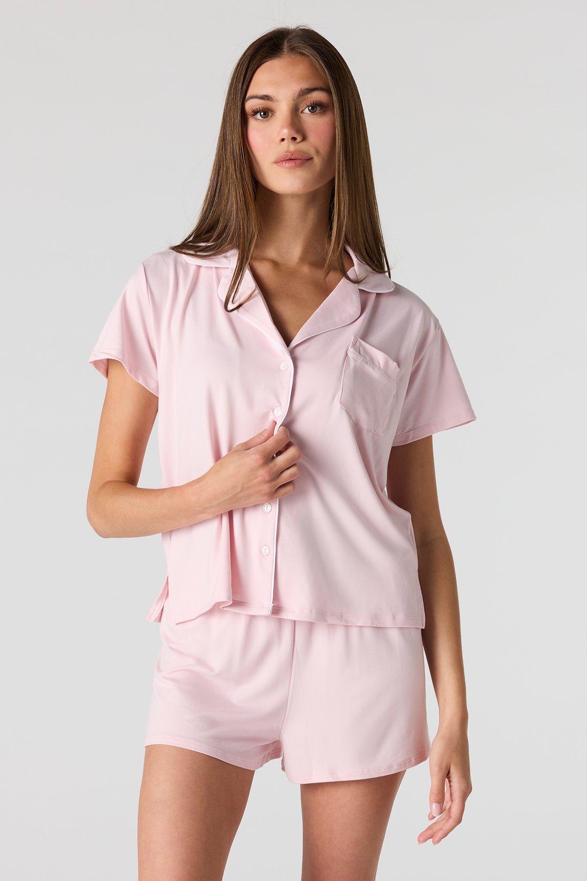 Button-Up Top & Short Pajama Set - Light Pink