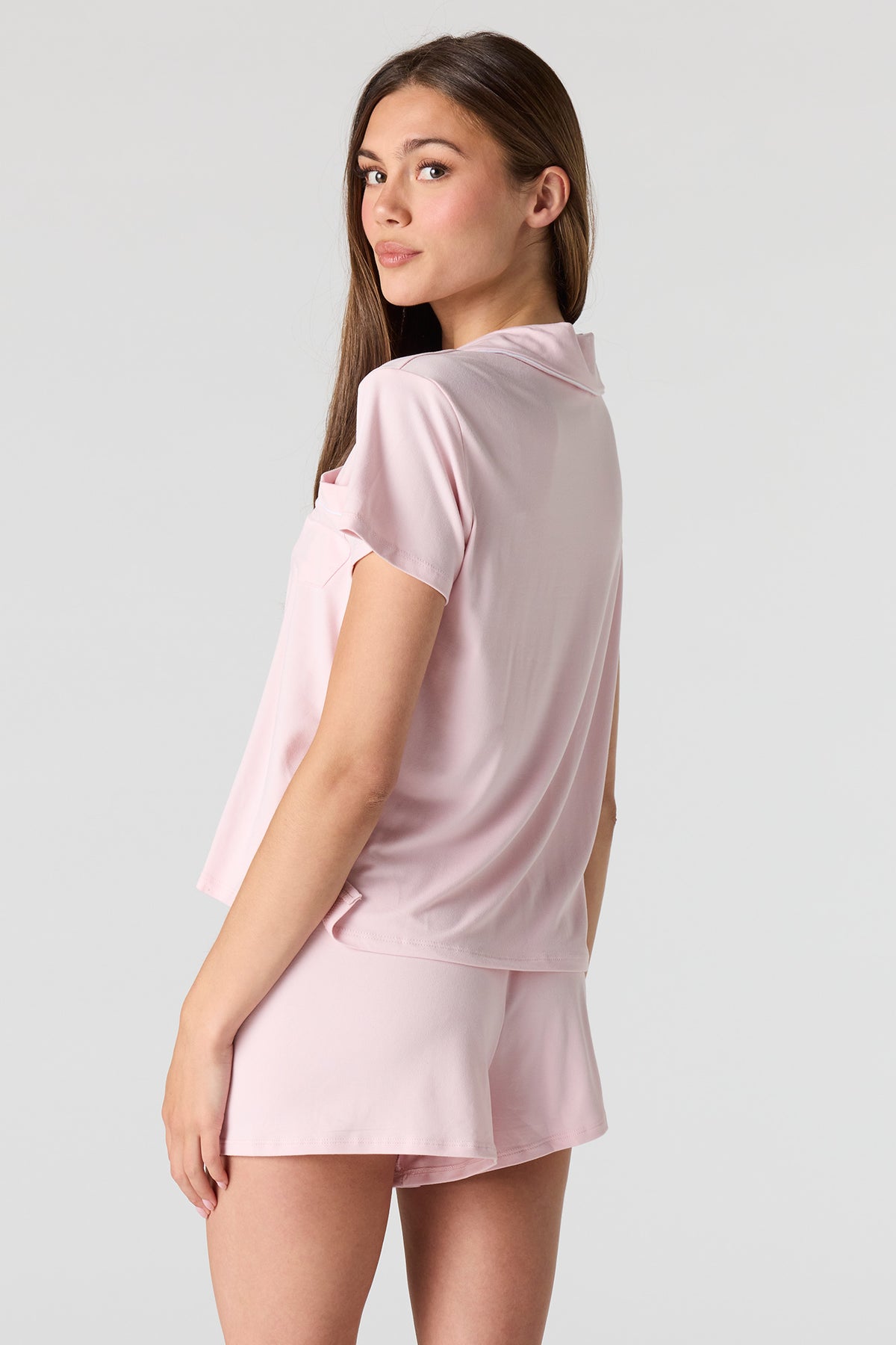 Alt View 2. Button-Up Top & Short Pajama Set - Light Pink
