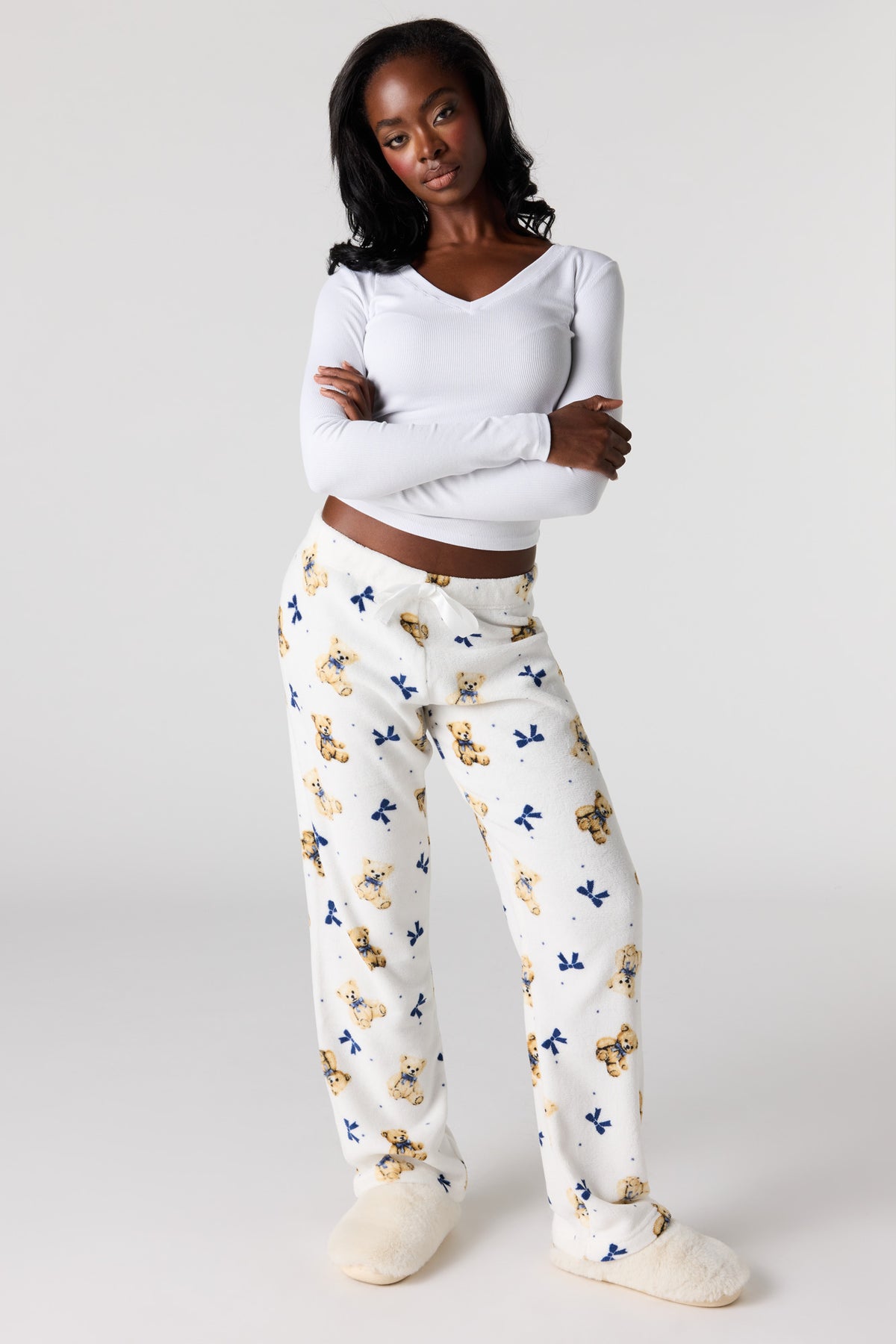 Printed Plush Pajama Pant - White