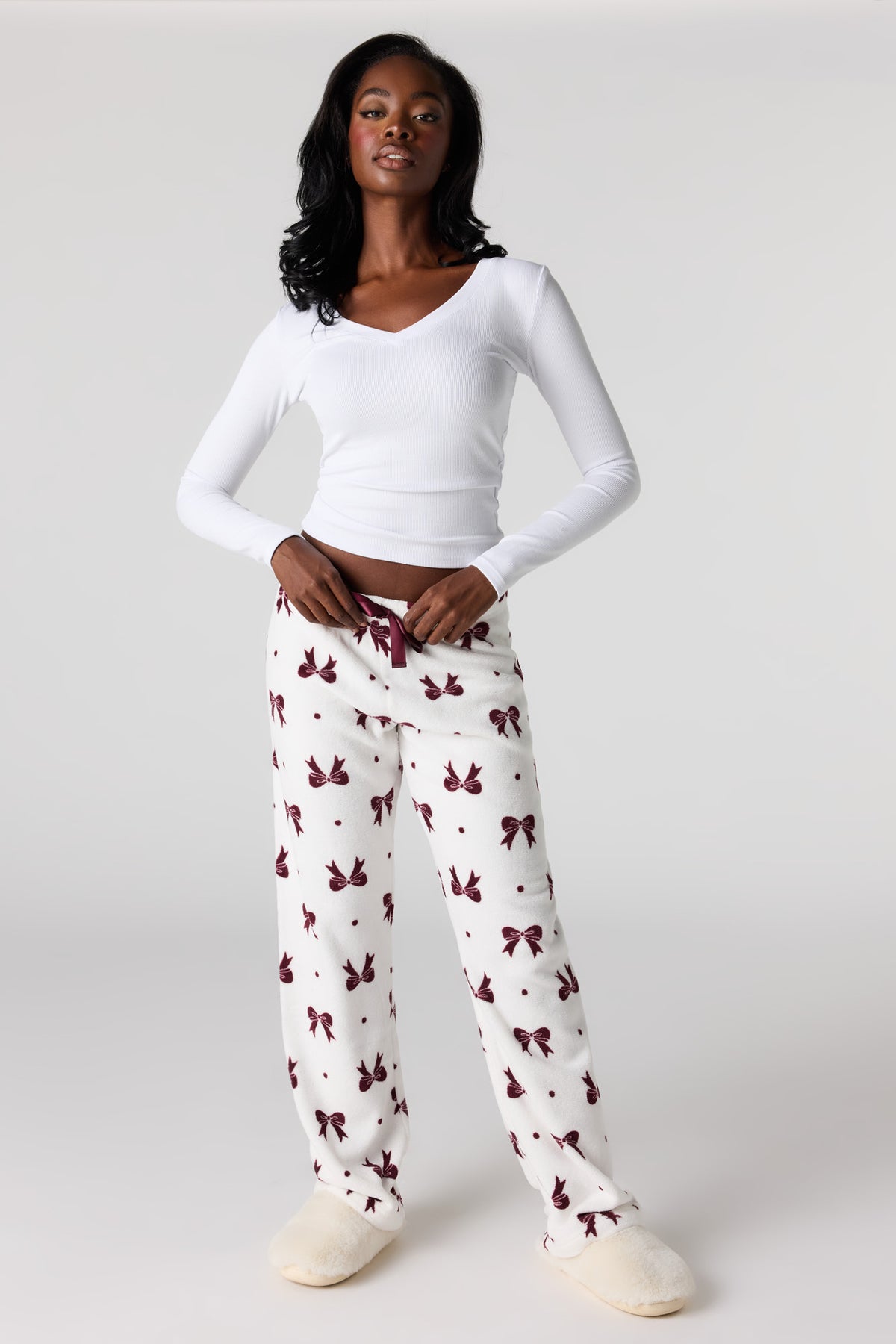 Printed Plush Pajama Pant - Burgundy
