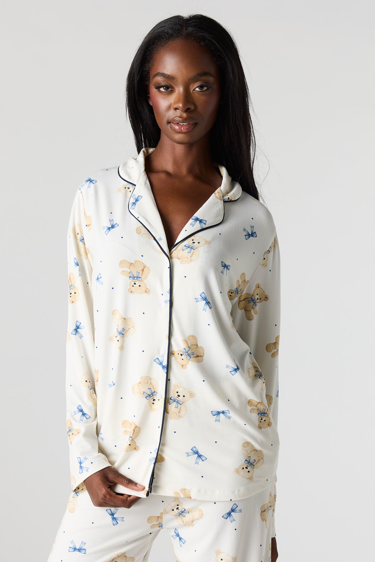 Alt View 2. Button-Up Collared Top & Pant Pajama Set - White