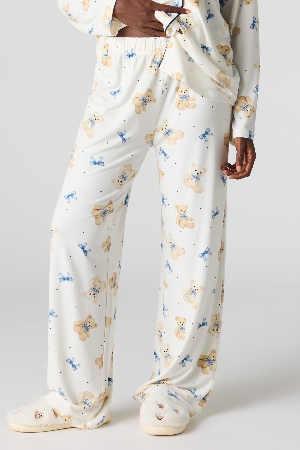 Alt View 3. Button-Up Collared Top & Pant Pajama Set - White