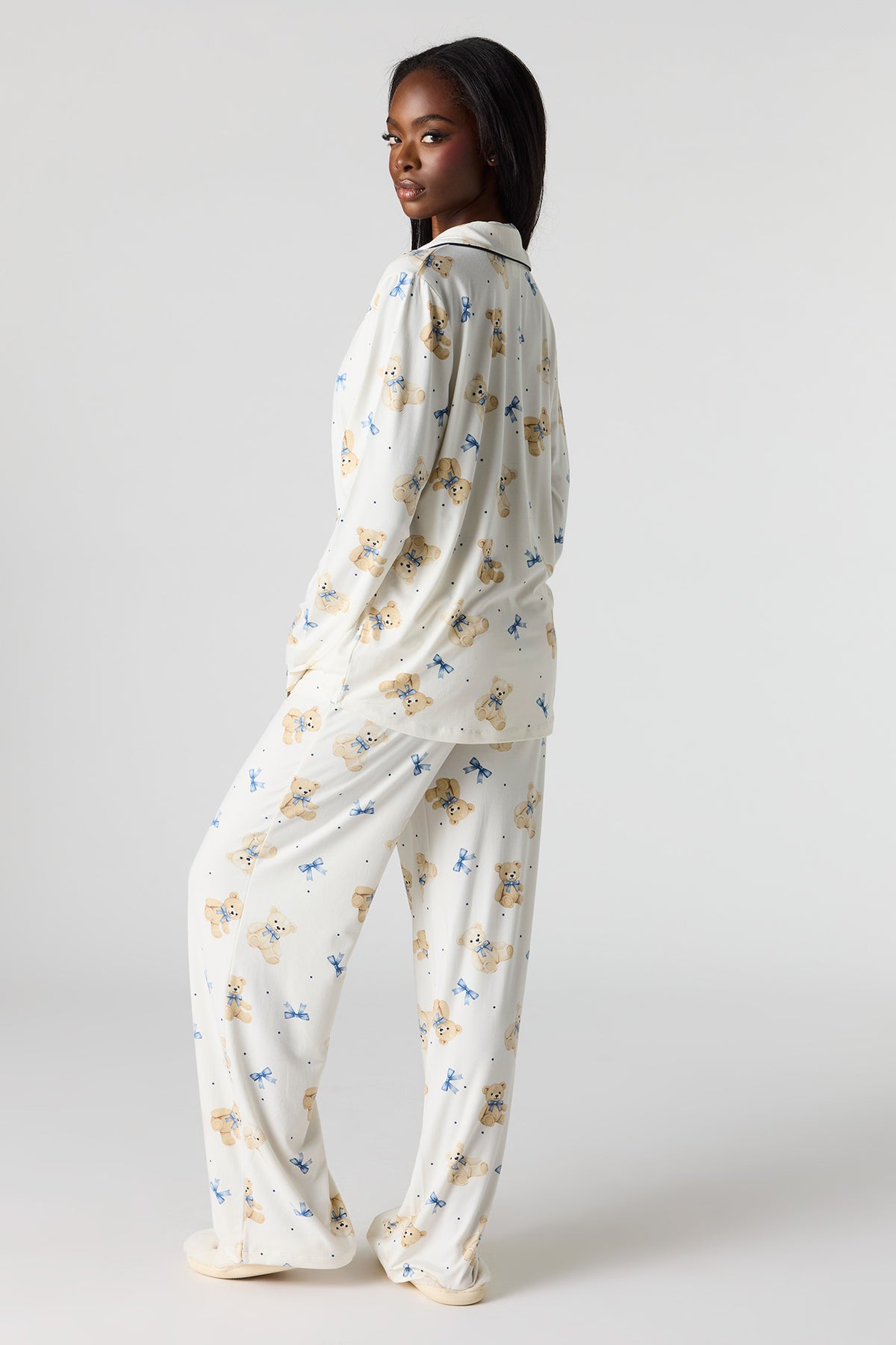 Alt View 4. Button-Up Collared Top & Pant Pajama Set - White