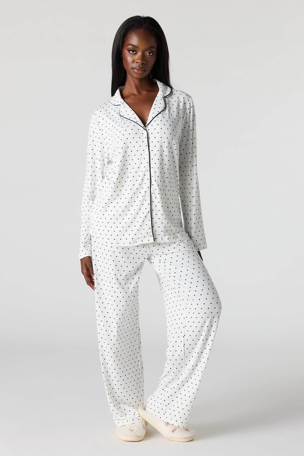 Button-Up Collared Top & Pant Pajama Set - Ivory