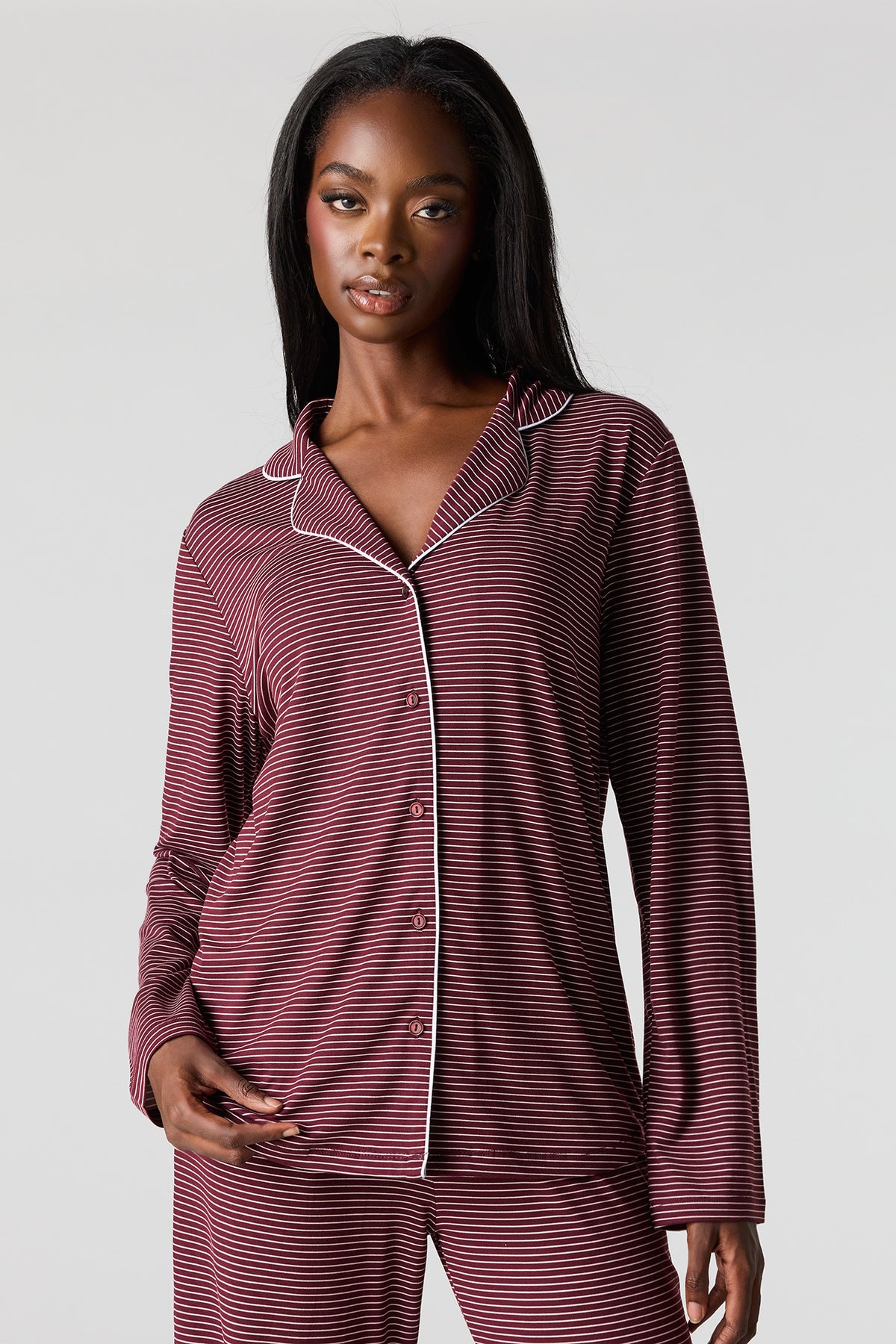 Alt View 2. Button-Up Collared Top & Pant Pajama Set - Burgundy
