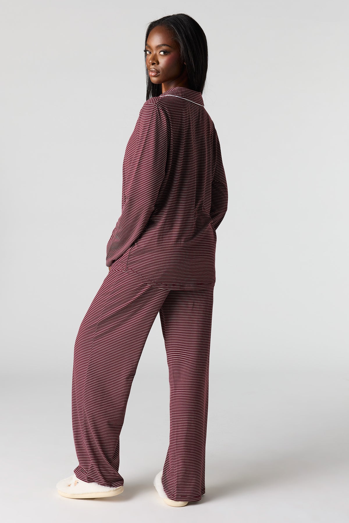 Alt View 4. Button-Up Collared Top & Pant Pajama Set - Burgundy
