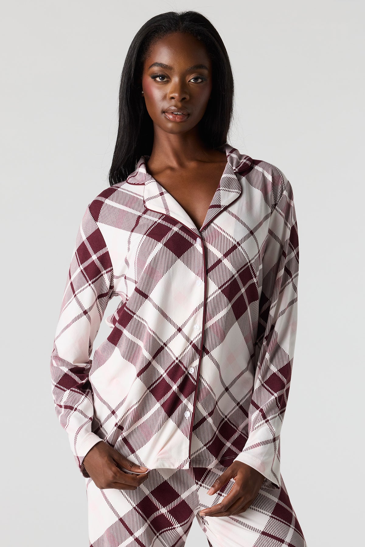 Alt View 2. Button-Up Collared Top & Pant Pajama Set - Dark Pink