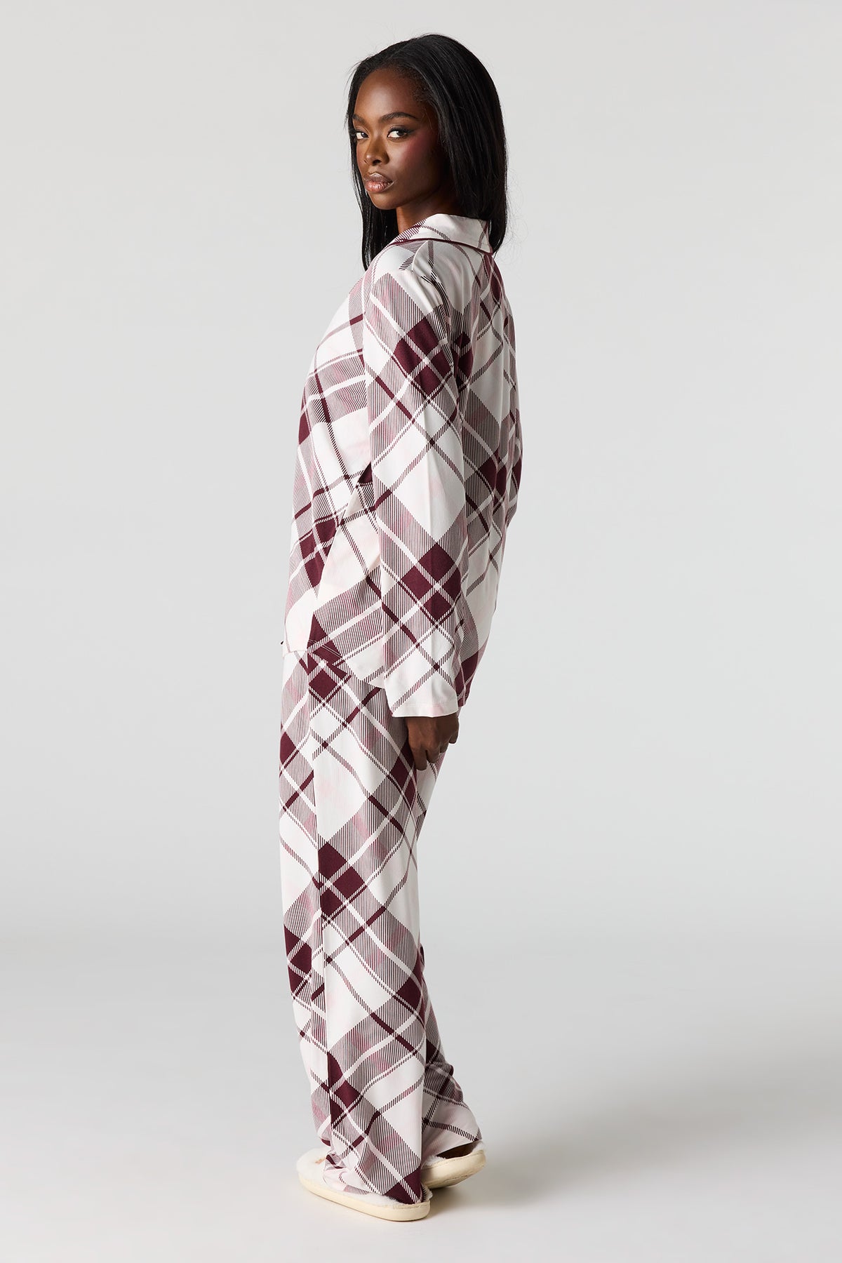 Alt View 4. Button-Up Collared Top & Pant Pajama Set - Dark Pink
