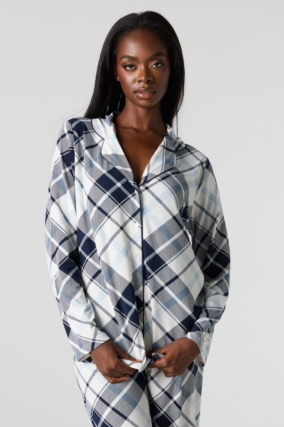 Alt View 2. Button-Up Collared Top & Pant Pajama Set - Black with White