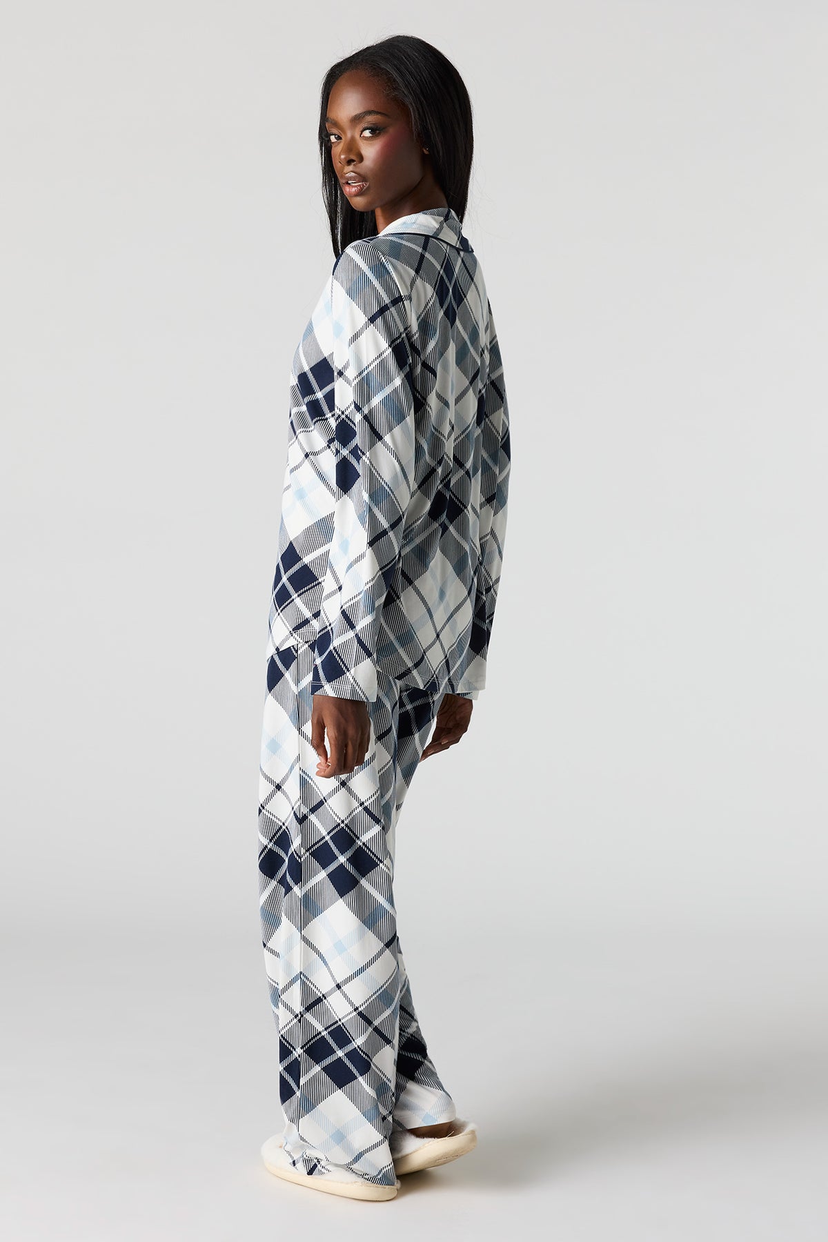 Alt View 4. Button-Up Collared Top & Pant Pajama Set - Black with White