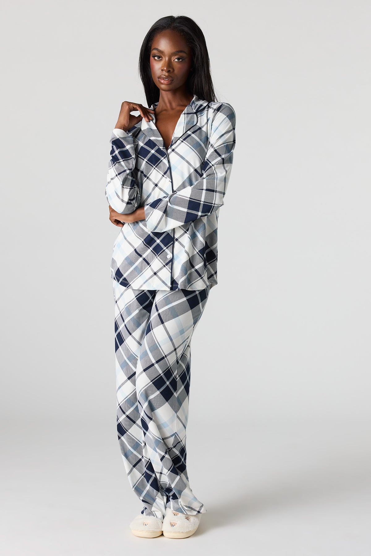 Button-Up Collared Top & Pant Pajama Set - Black with White