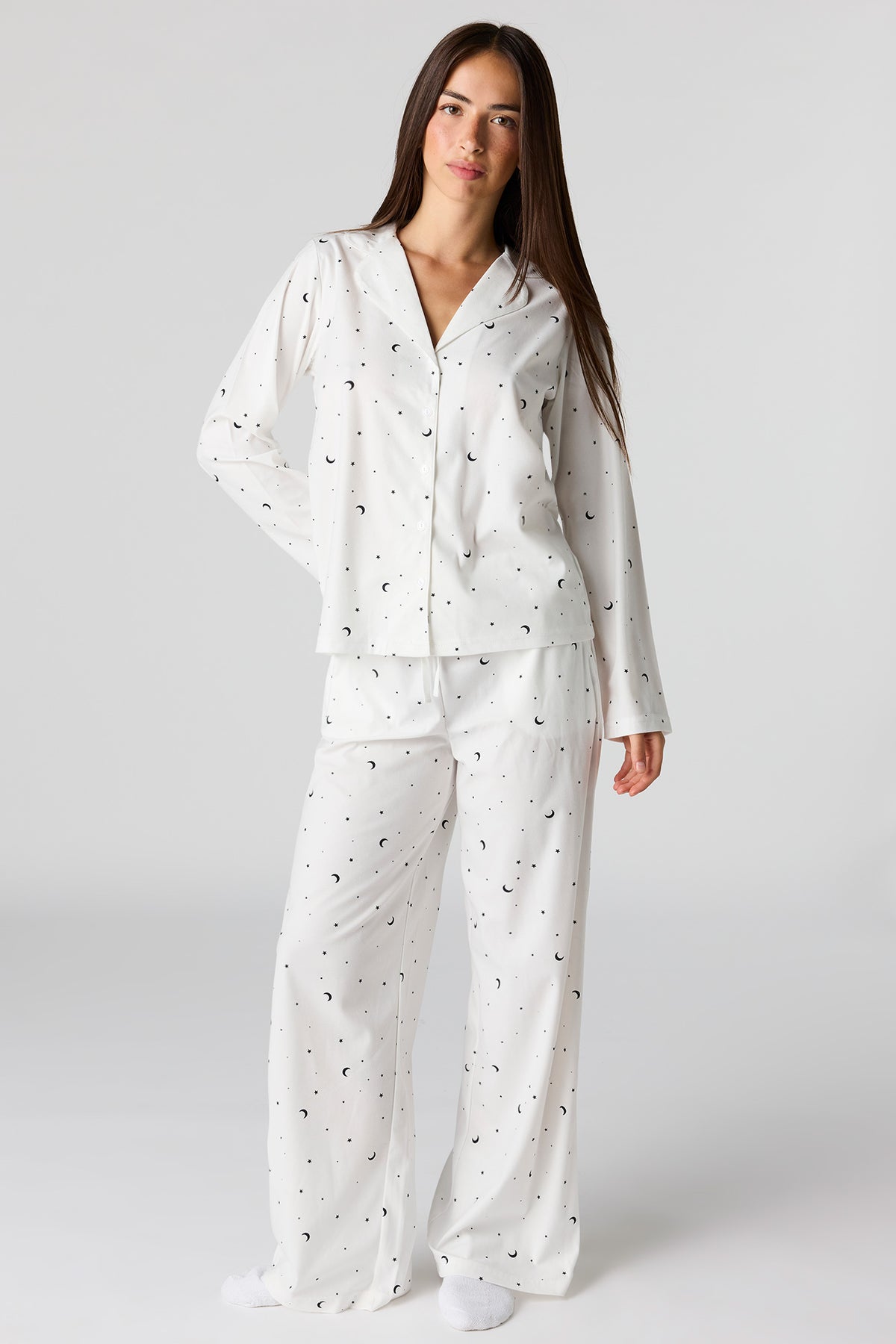 Printed Button-Up Top & Pajama Pant Set - Ivory
